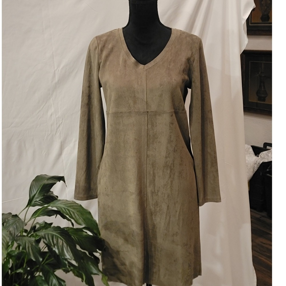 Joh Faux Suede V-Neck Shift Dress Olive Taupe Long Sleeve XS